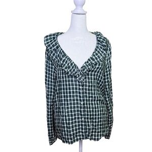 Ann Taylor Blouse Green M Gingham Ruffle Cottagecore Boho Button Long Sleeve Top